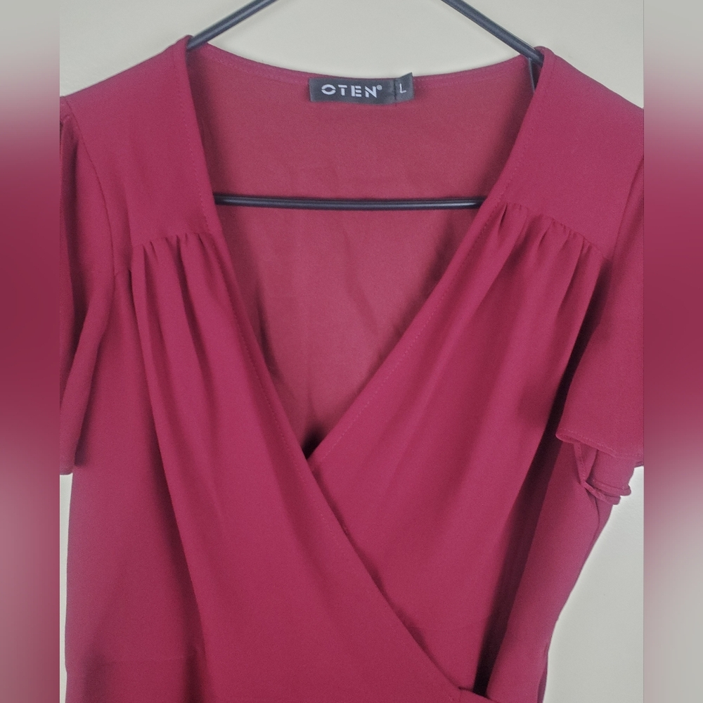 Oten Burgundy Wrap Midi Dress Size L - Picture 2 of 7
